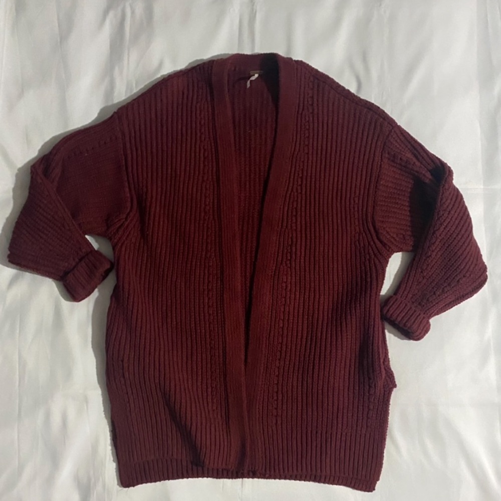 Free People Split Hem Thick Open Front Burgundy Cardigan Sweater